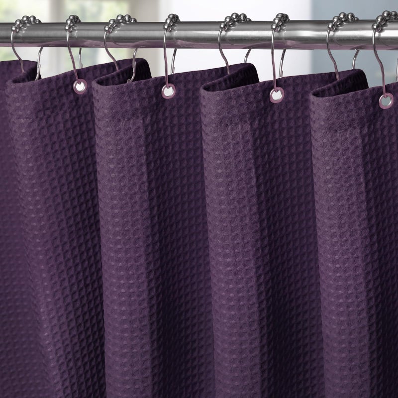 VANZAVANZU Waffle Weave Shower Curtain with Stainless Steel Hooks - 230 GSM Heavy Duty Fabric Bath Curtains, Hotel Luxury Quality, Water Resistant, Machine Washable, Weighted Hem, 72 x 72 Inches (Purple) - Image 1